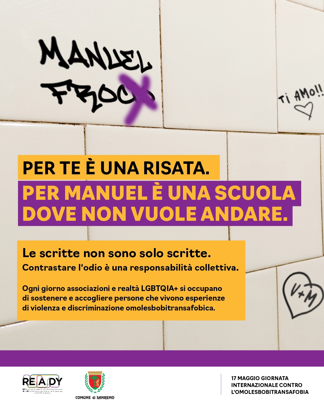 Sanremo aderisce alla campagna “Non sono solo scritte” contro l’omolesbobitransfobia